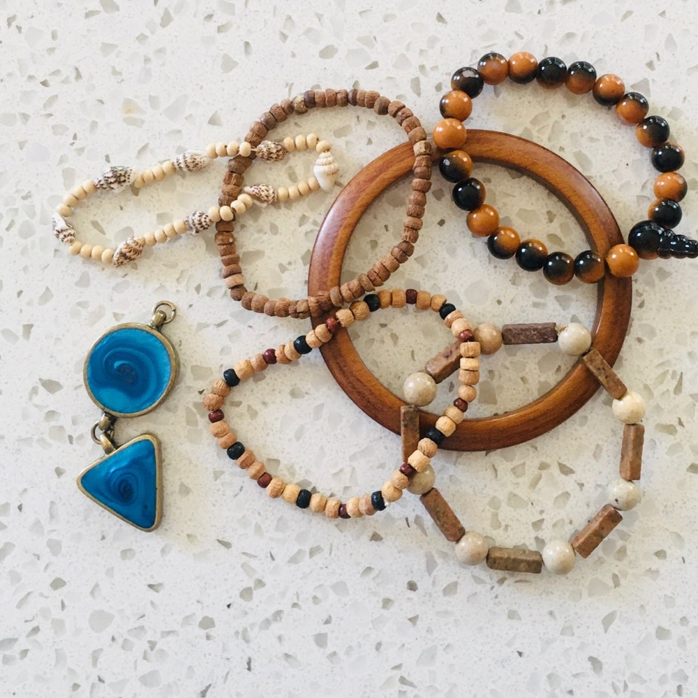 Wooden Bracelet Set w/ Aqua Pendant